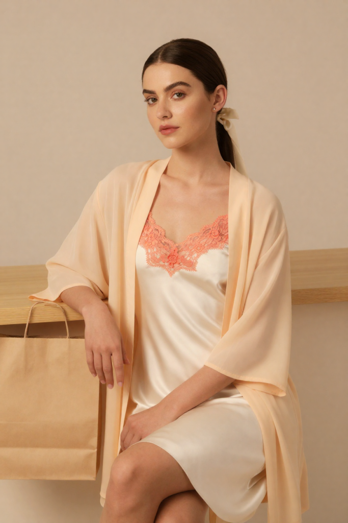 Fictional 28-year-old woman in a cream silk slip dress seated beside a plain blank paper bag at ChuhaiShopy